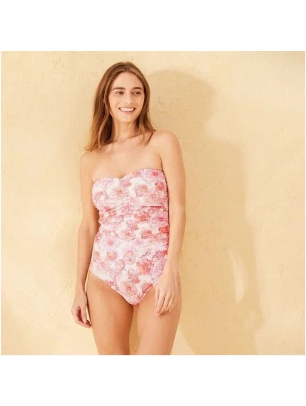 Shade & Shore NWT Women's Peach Floral Shirred Bandeau Swimsuit L (12/14)